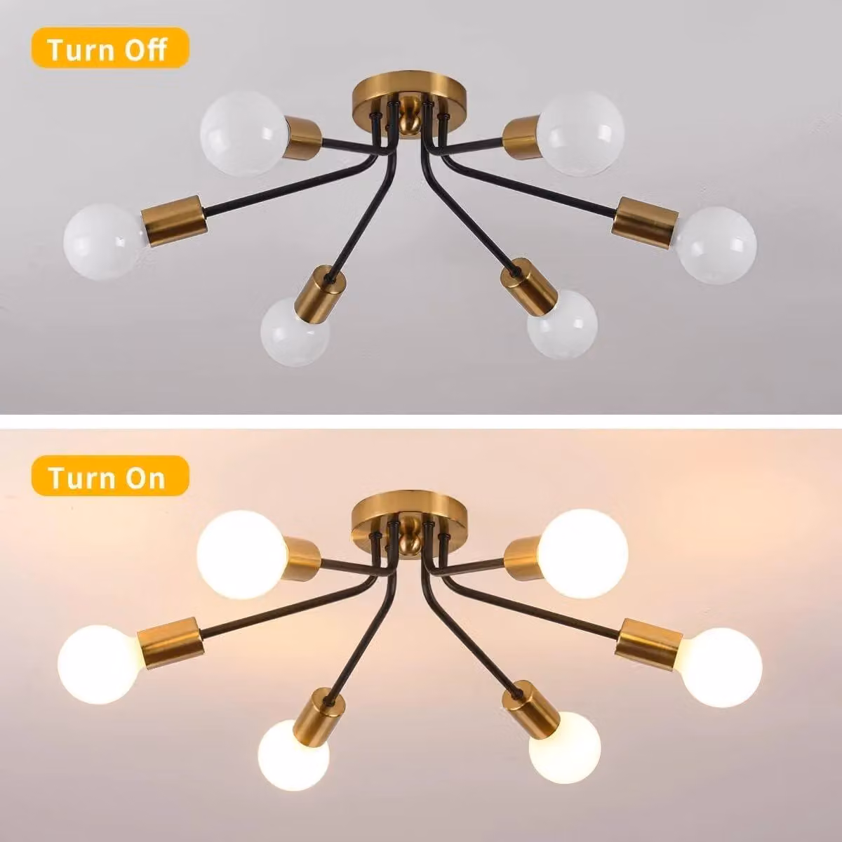 Garwarm Modern 6-Light Semi Flush Ceiling Chandelier in Black and Gold/Brass – 3