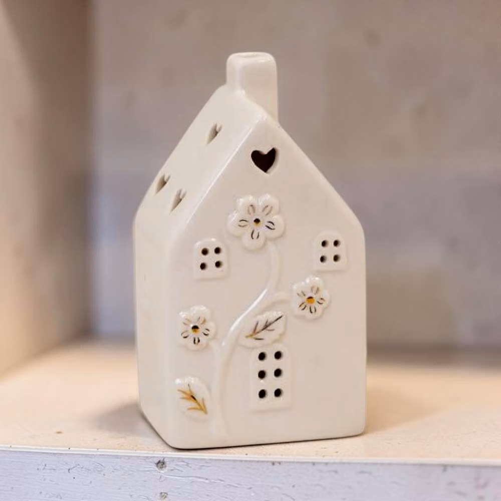 Four Candle Glazed Ceramic House LED Ornament with Textured Detail in White – 2