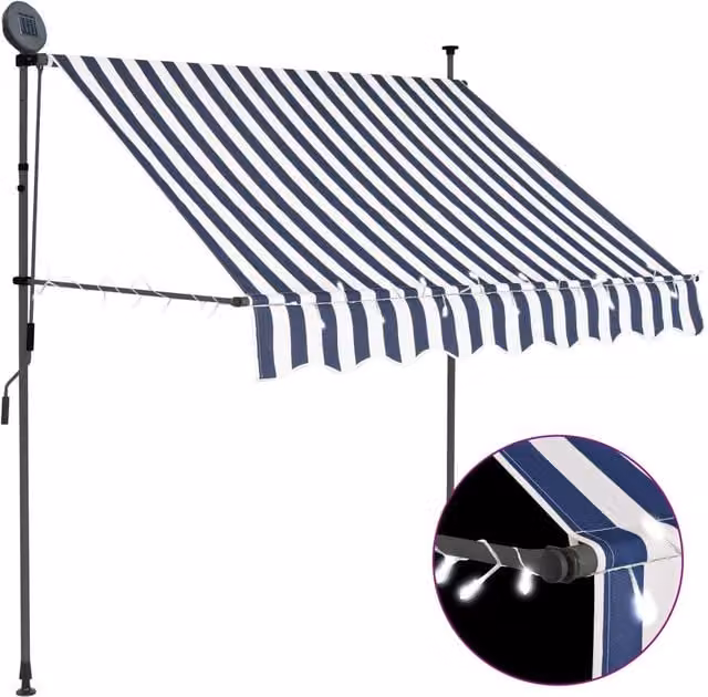 Berkfield Home Manual Retractable Awning with LED, Blue and White Striped Polyester and Steel