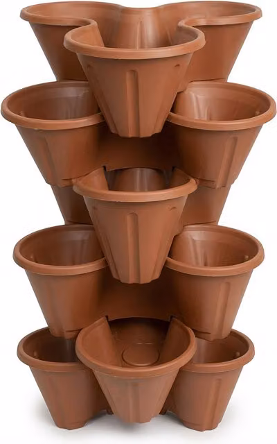 Simpa Stackable Tri-Pot Plastic Strawberry Planters, 6 Piece, Brown