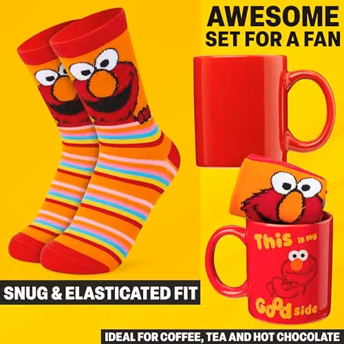 Get Trend Sesame Street Mug and Crew Socks Gift Set in Multicolour featuring Elmo and Cookie Monster, 340ml Ceramic Cup – 4