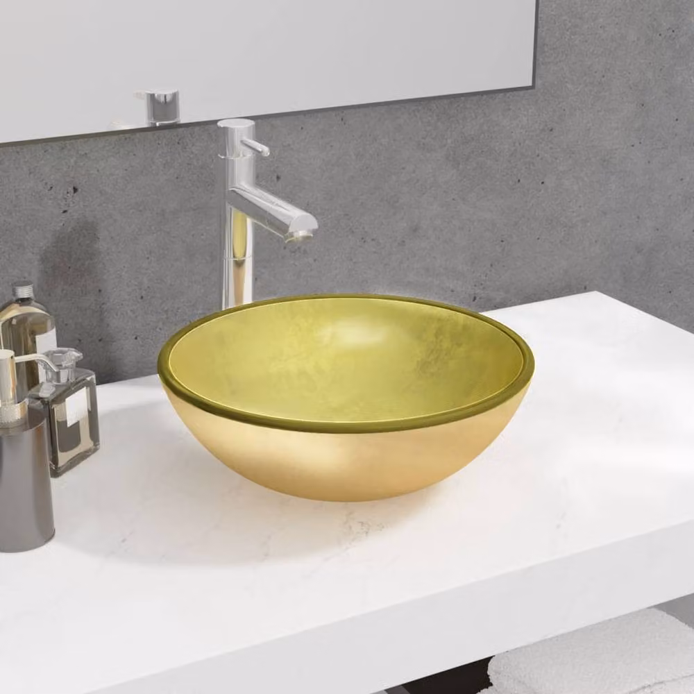 Berkfield Home Modern Round Tempered Glass Countertop Basin, Gold, W: 35 cm, H: 12 cm, D: 12 cm – 1