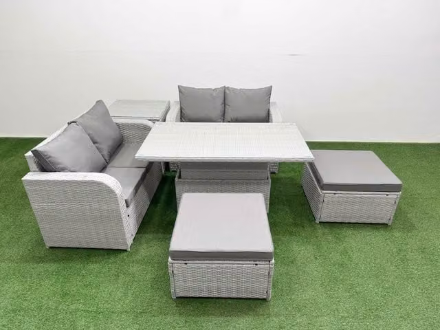 Fimous 6 Seater Rattan Garden Furniture Set in Light Grey with L-Shape Sofa, Adjustable Dining or Coffee Table, 2 Footstools and Side Table