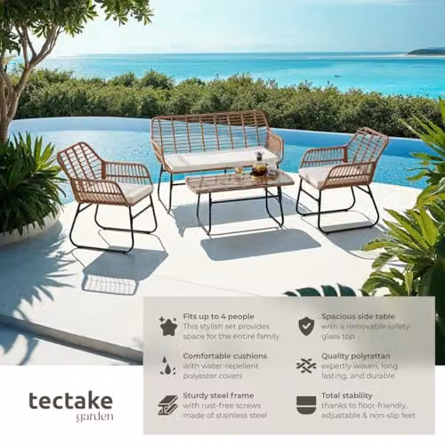 tectake 4-Piece Rattan Garden Furniture Set in Sand and Brown with 2-Seater Sofa, Lounge Armchair, Coffee Table and Upholstered Cushions – 2