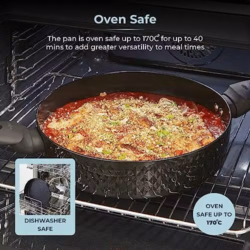 Tower Diamo Aluminium Shallow Casserole Dish with Black Diamond Ceramic Non-Stick Coating and Tempered Glass Lid, Black, Diameter: 30 cm – 7