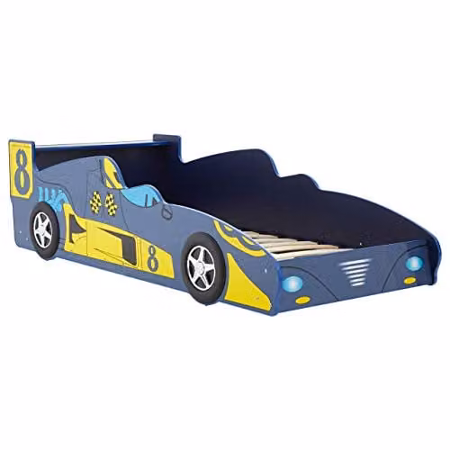 Premier Housewares Blue and Multicolour Racing Car Bed for Children with Side Compartments and Bedside Shelf, W/D/H: 90 x 190 cm