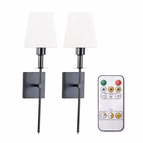 ValueLights Set of 2 Rechargeable LED Wall Lights with Fabric Shade and Remote Control, Dimmable Black and Gold/Brass Sconces