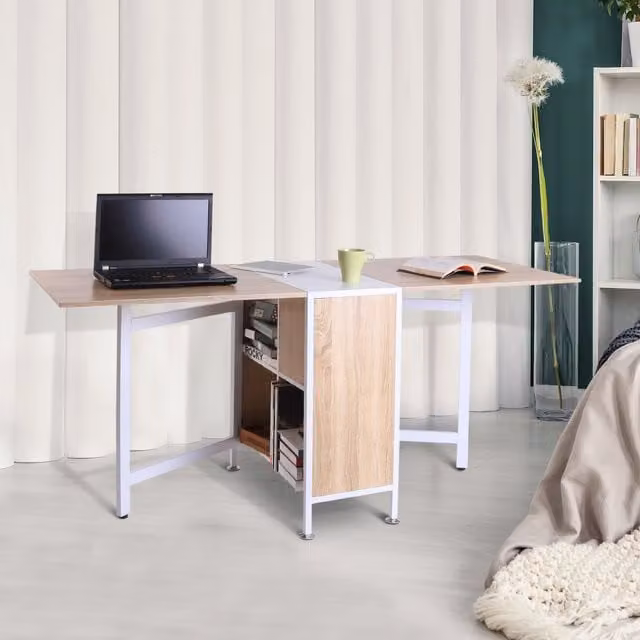 HOMCOM Folding Computer Desk Workstation with Storage Shelves in White