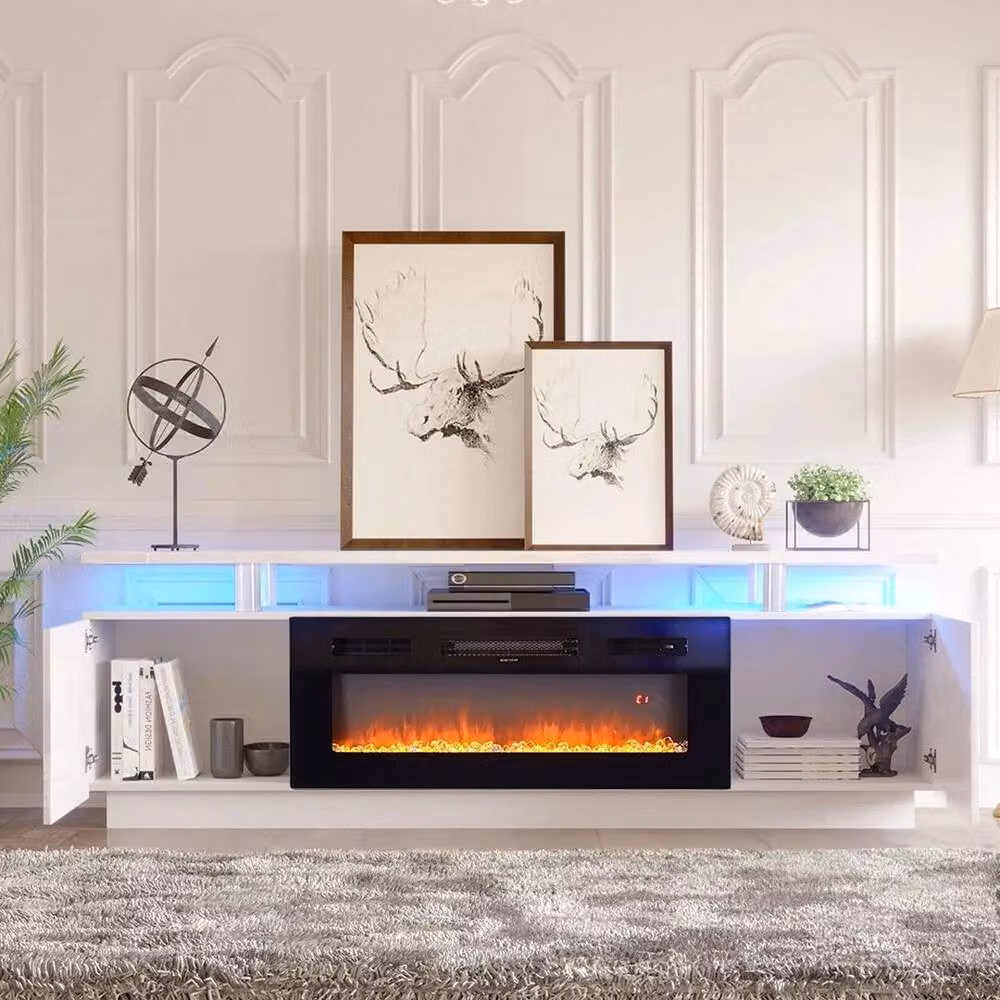 FORGEVIO White High Gloss 70 Inch TV Stand Cabinet with Electric Fireplace – 5