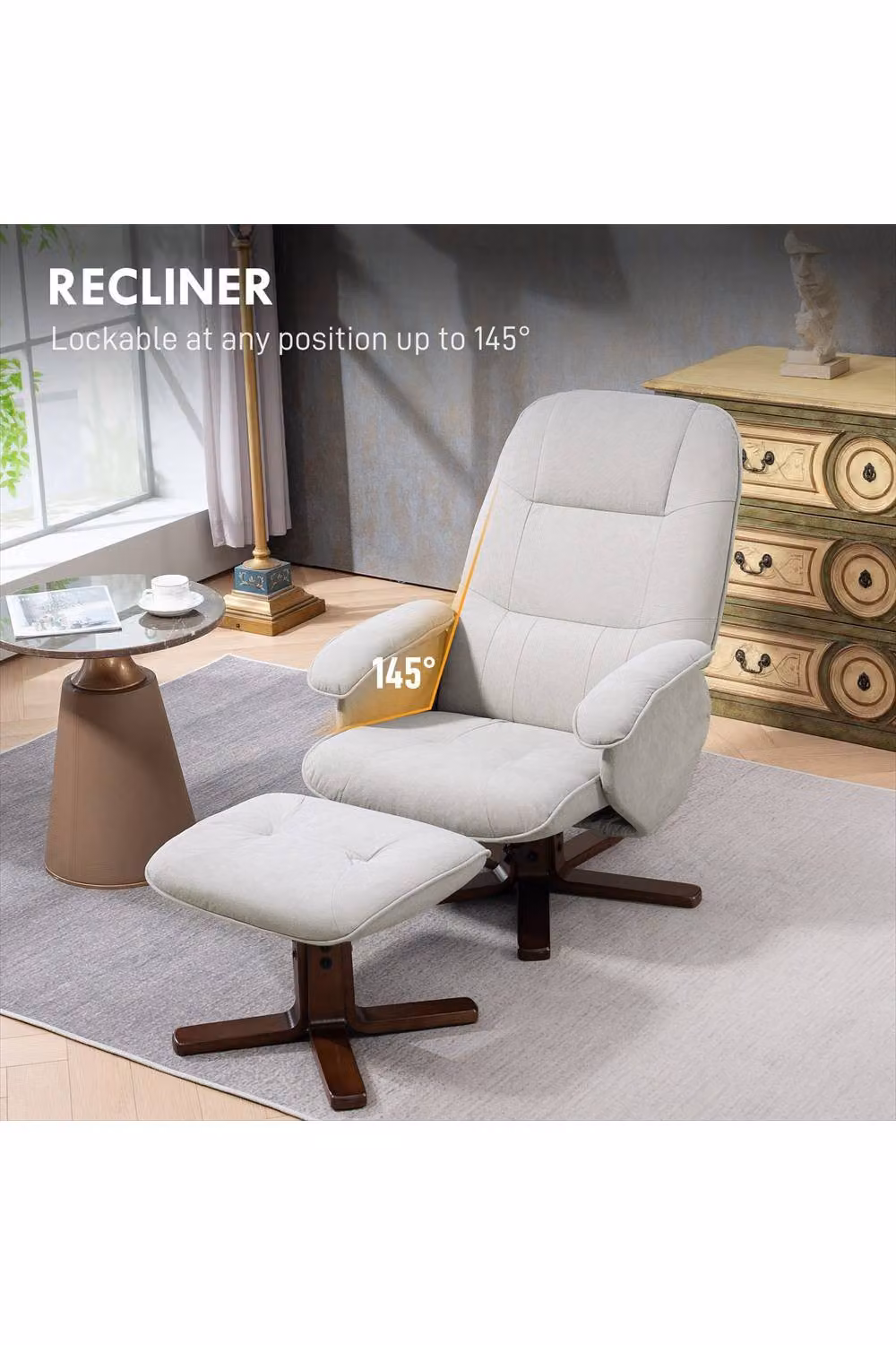ERGOVEXA Linen Swivel Recliner Chair with Matching Ottoman, Light Grey – 3
