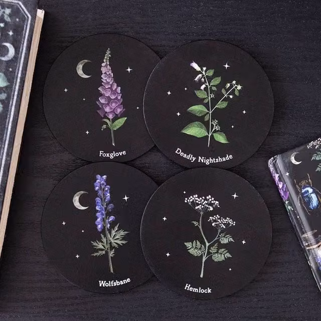Uniqueful Poisonous Plants Round Wood Coaster Set, Multicolour and Black, 1 Pack