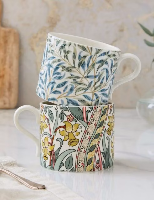 Morris & Co Set of 2 Multicolour Floral Porcelain Mugs for Adults, Green