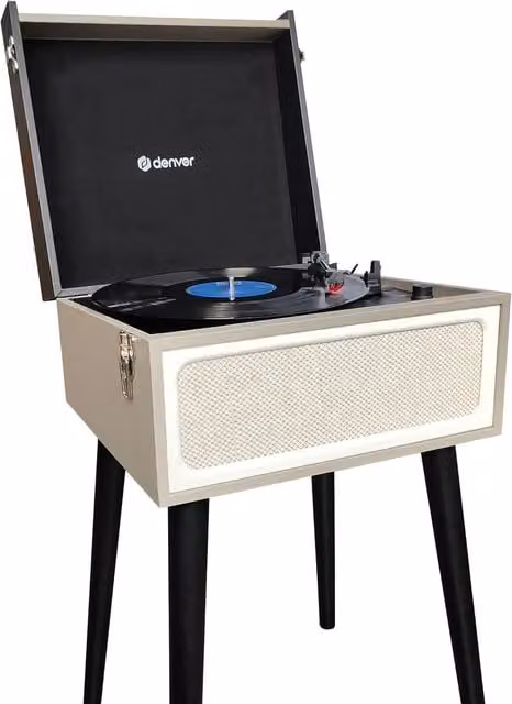 Denver Retro Bluetooth Vinyl Record Player with Stereo Speakers and FM in Beige and Grey