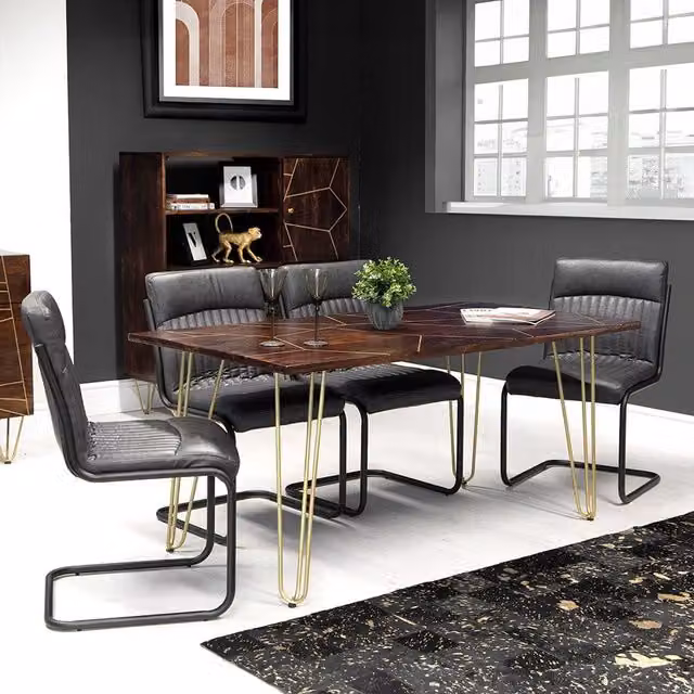 IH Design Jusleen Modern Rectangular Solid Mango Wood Dining Table in Brown and Gold