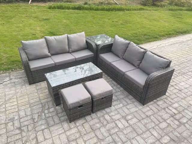 Fimous Rattan Garden Lounge Sofa Set with Rectangular Coffee Table and 2 Small Footstools, Dark Grey Mixed