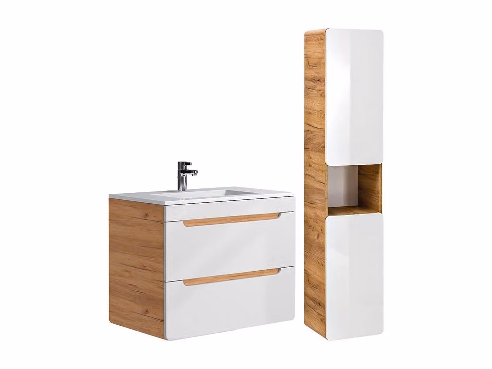 Vente-unique Modern Wall-Mounted Bathroom Vanity Unit and Tall Boy Cabinet in Light Oak with Inset Basin, W/D/H: 81.0 x 46.5 x 170.0 cm – 2