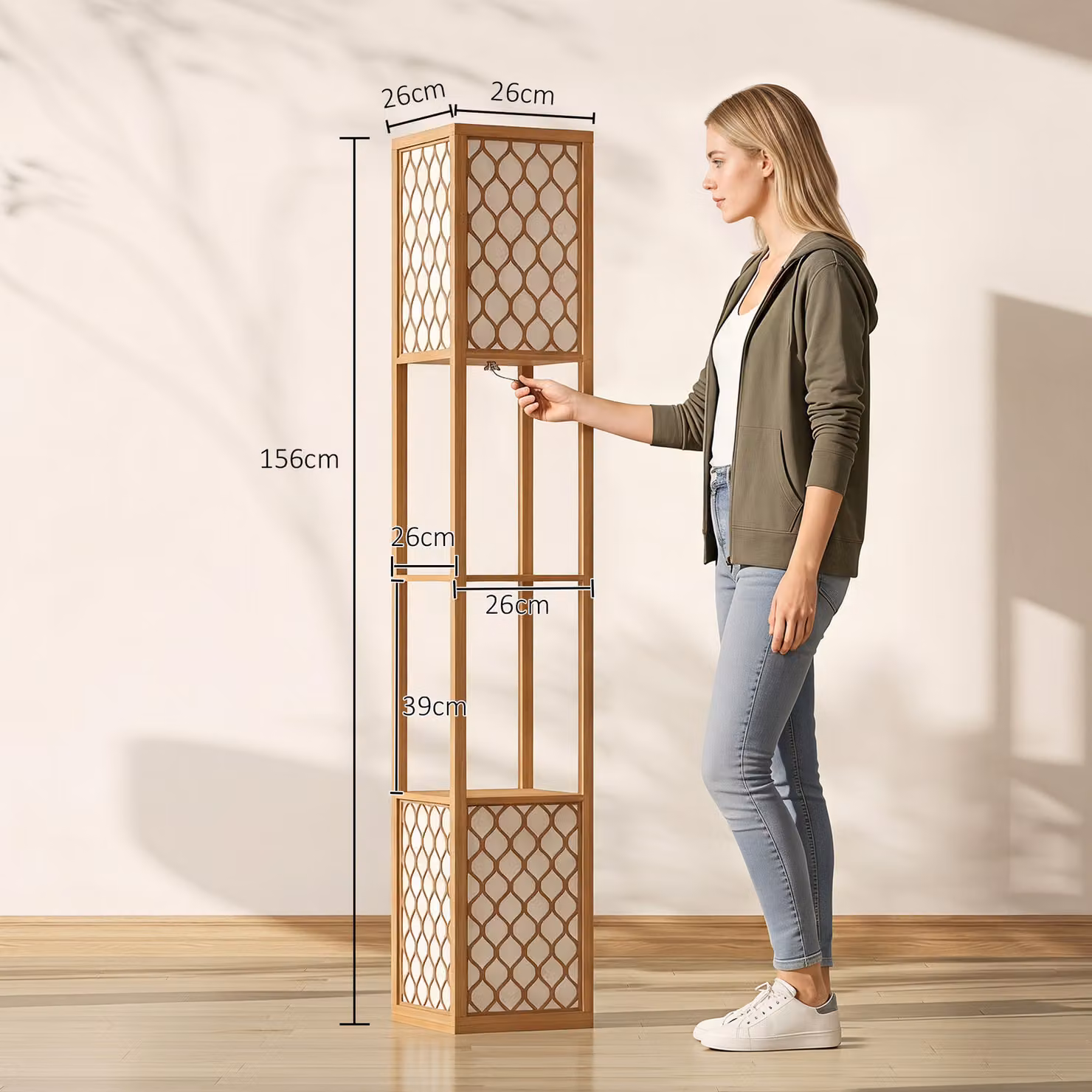 HOMCOM Modern Tall Floor Lamp with Shelves and White Fabric Lampshades in Natural Wood Finish – 3
