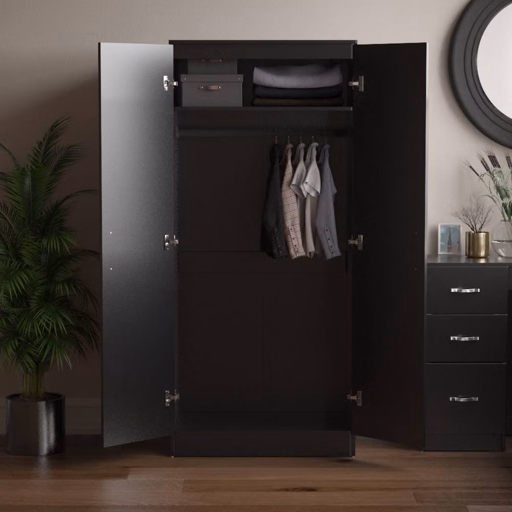 HD Designs 2 Door MDF Wardrobe in Black, H 170 cm x W 76 cm x D 47 cm – 2