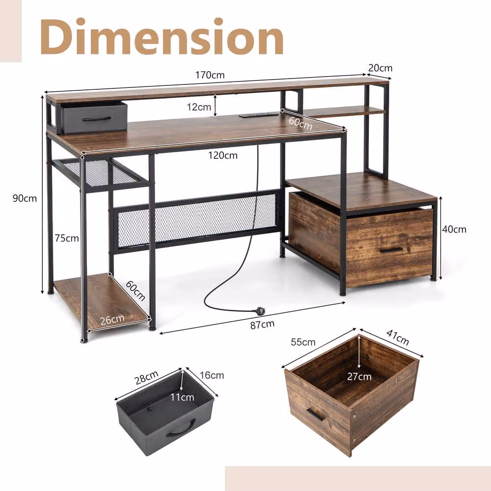Costway Brown Computer Desk with Monitor Stand and File Drawer – 6