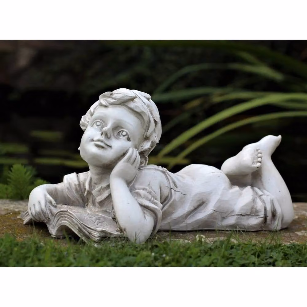 NESTLUNE Lying Boy Garden Ornament Statue in White, W/D/H: 100 x 15 x 15 cm – 5