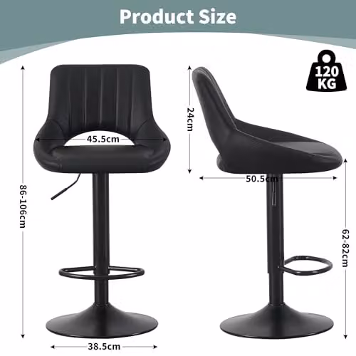mcc direct Stacey Set of 2 Black Faux Leather Swivel Bar Stools with Backrest and Metal Base – 3