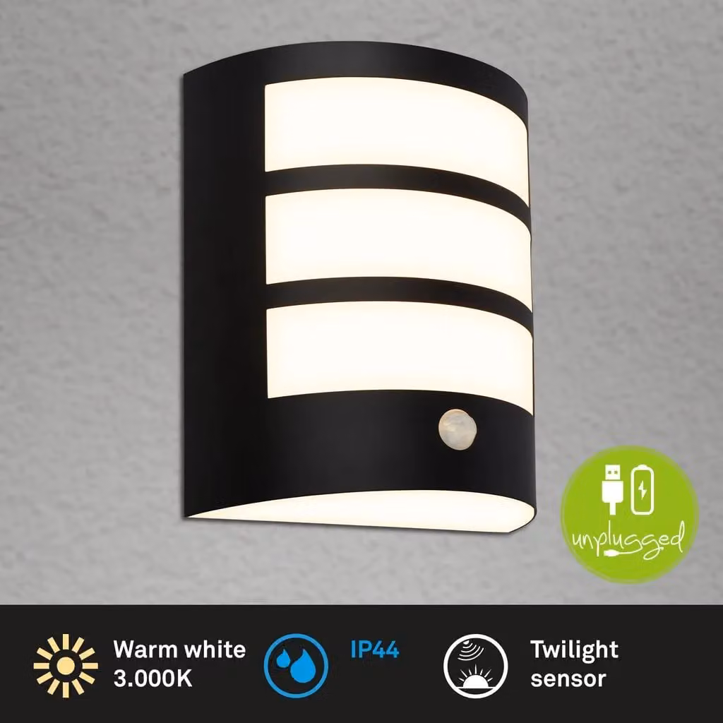 Briloner Off Grid Rechargeable LED Outdoor Wall Light with Motion and Dusk Sensor, Black, W/D/H: 18 x 15 x 7 cm – 3