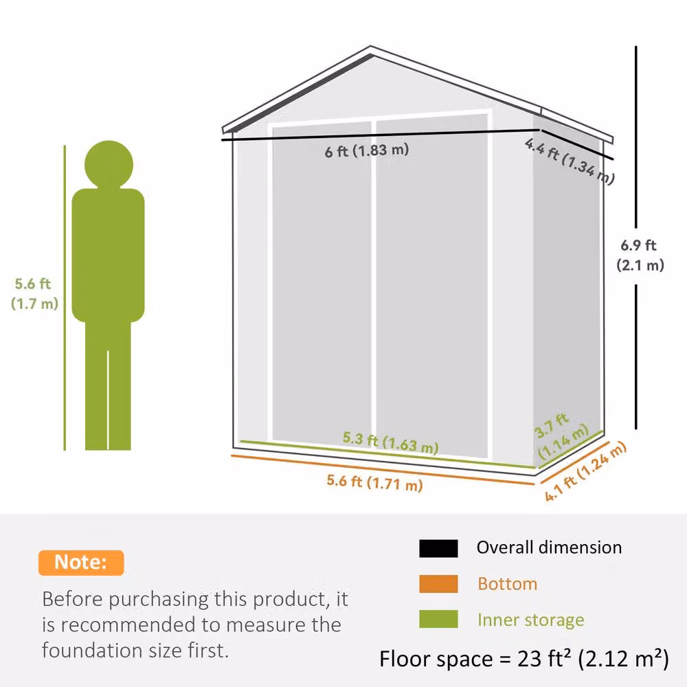 OUTSUNNY Plastic Garden Shed with Lockable Double Doors, Dark Grey, W: 182.88 cm, D: 134.0 cm, H: 210.0 cm – 3