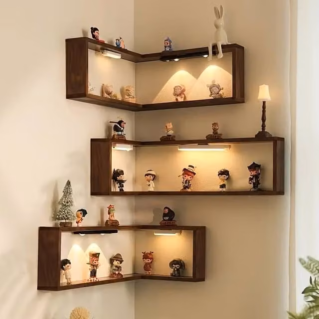 FORGEVIO Set of 3 Rustic Brown Pine Wood Floating Corner Wall Shelves