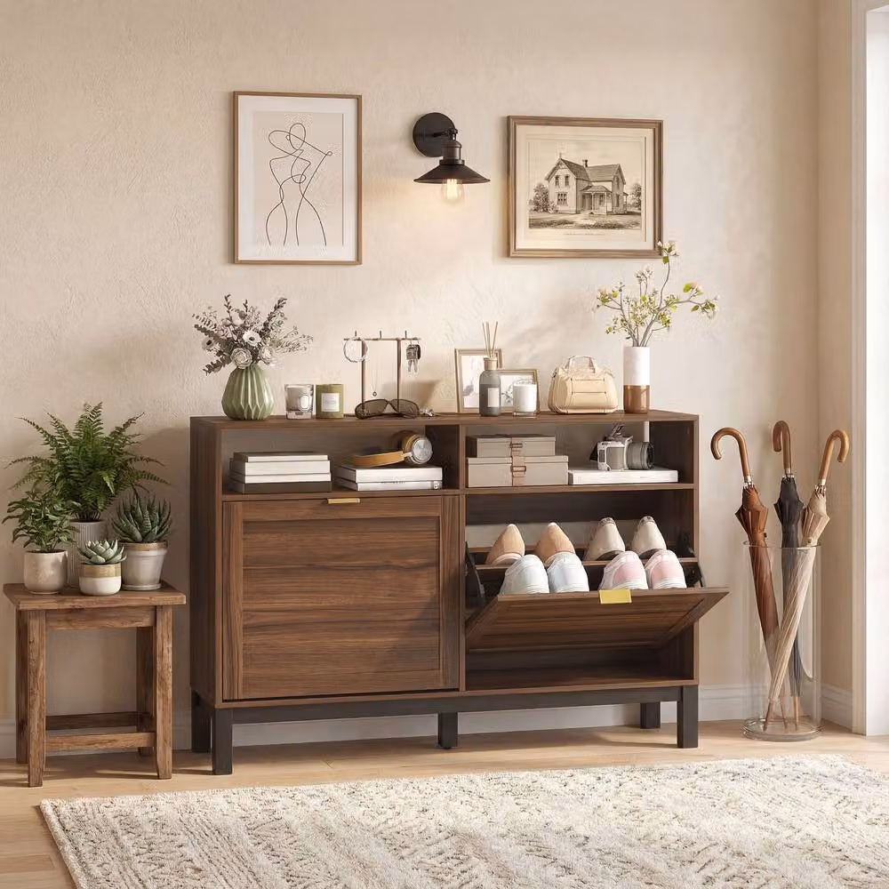 STILVORA Modern Shoe Cabinet in Brown with Tilting Compartments and Open Shelves – 2