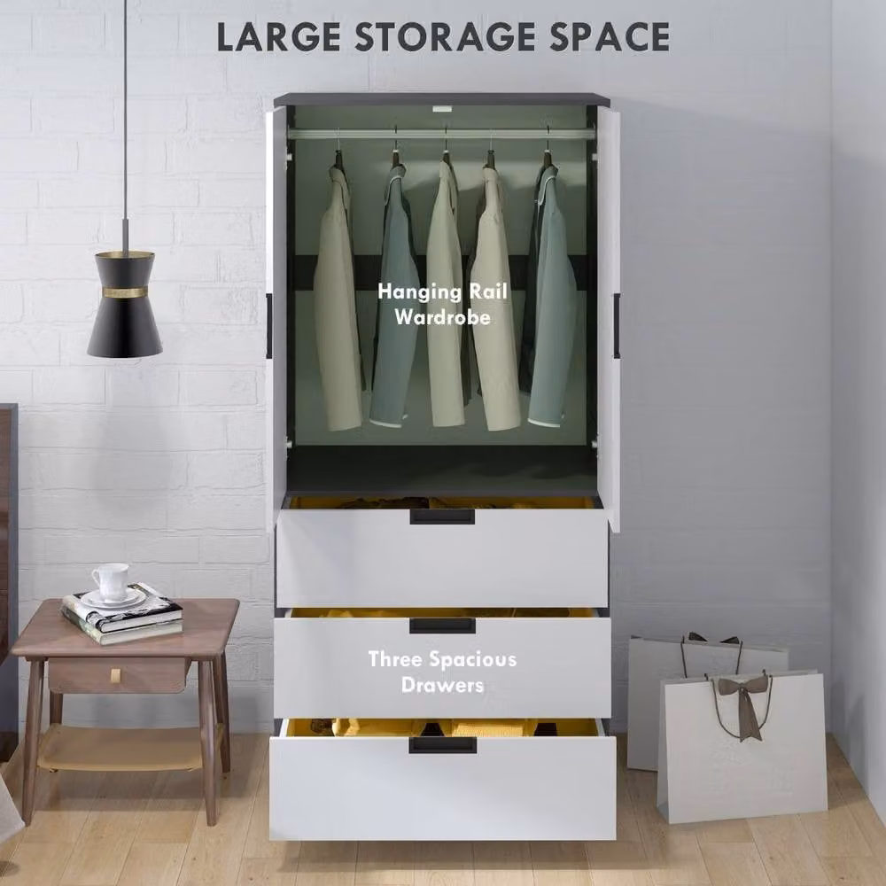 Wyld Haus Corario Grey and White 2 Door Wardrobe with 3 Drawers and Hanging Rail, H 180 cm x W 80 cm x D 50 cm – 4