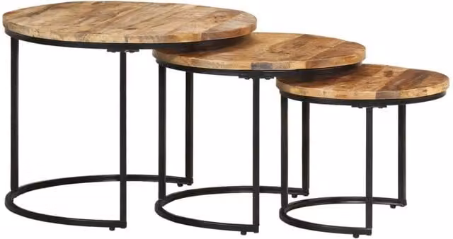 Berkfield Home Set of 3 Round Nesting Tables in Brown Rustic Mango Wood – 1