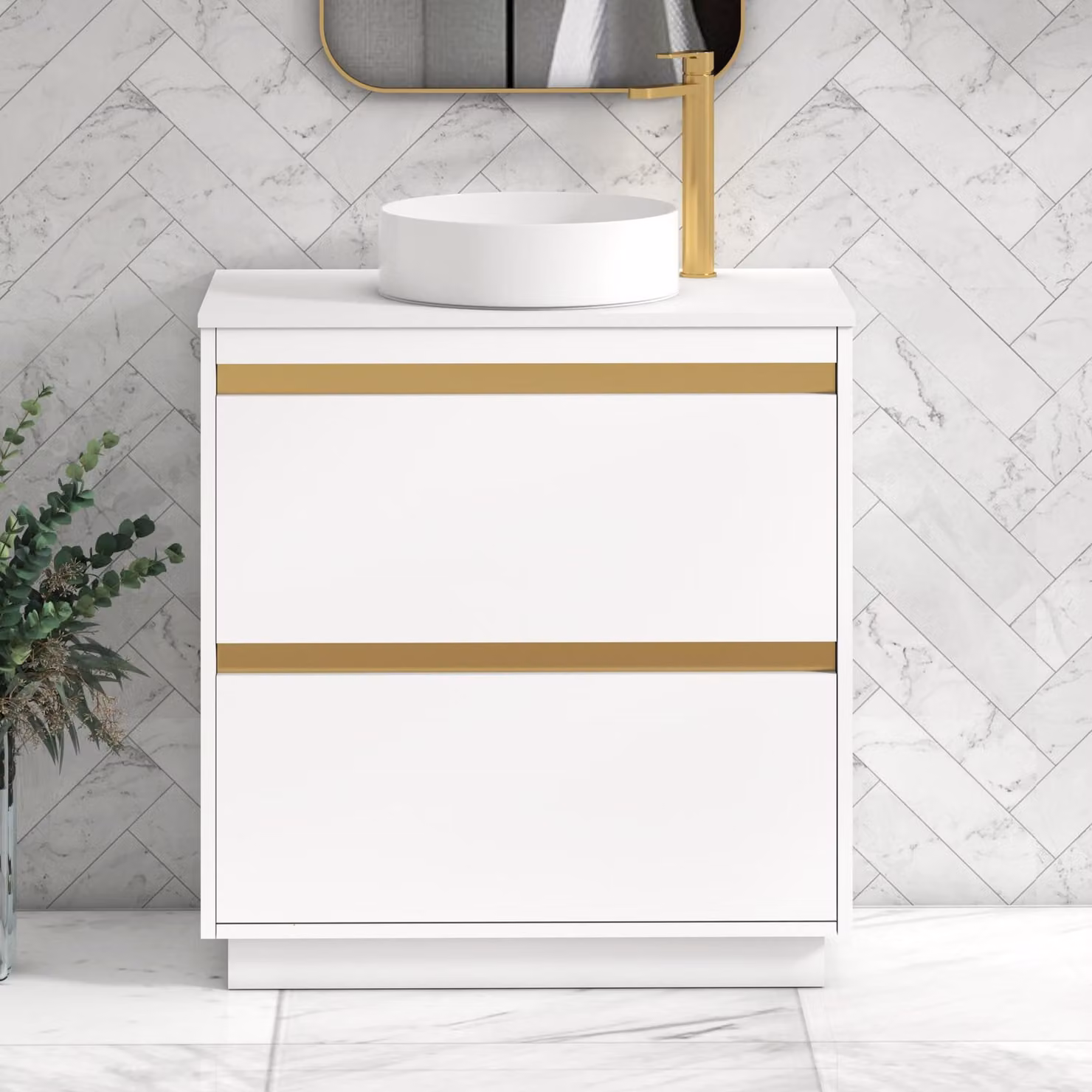 Royal Bathrooms Orion 800mm Matt White Floor Standing 2 Drawer Vanity Unit with Art Basin and Brushed Brass Accent Trim