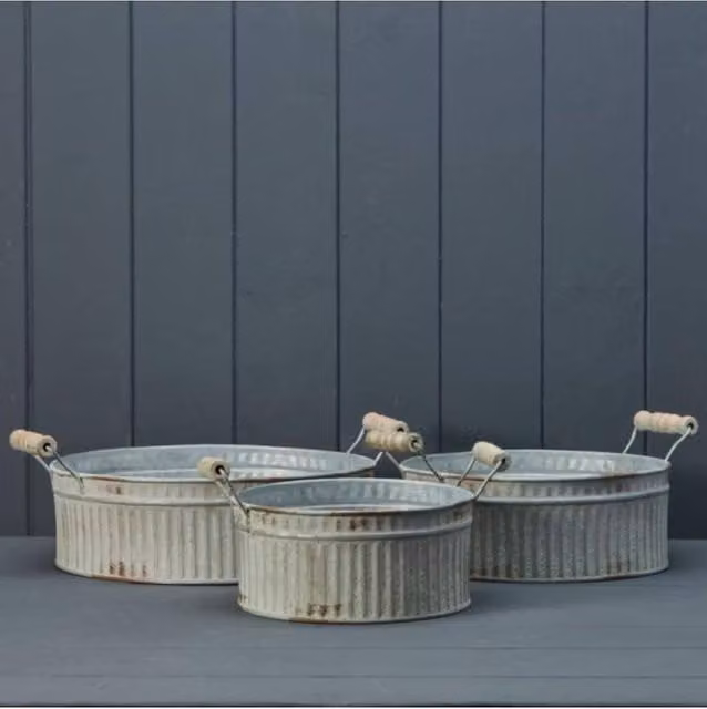 KDMD Set of Three Vintage White Ribbed Zinc Planter Bowls in Grey – 1