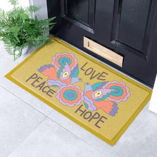Artsy Mats Elizabeth Olwen Love Peace Hope Indoor/Outdoor Doormat, Yellow, W: 70 cm, D: 40 cm – 1