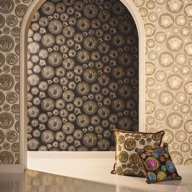 Versace Abstract Medusa Portrait Vinyl Wallpaper in White and Gold