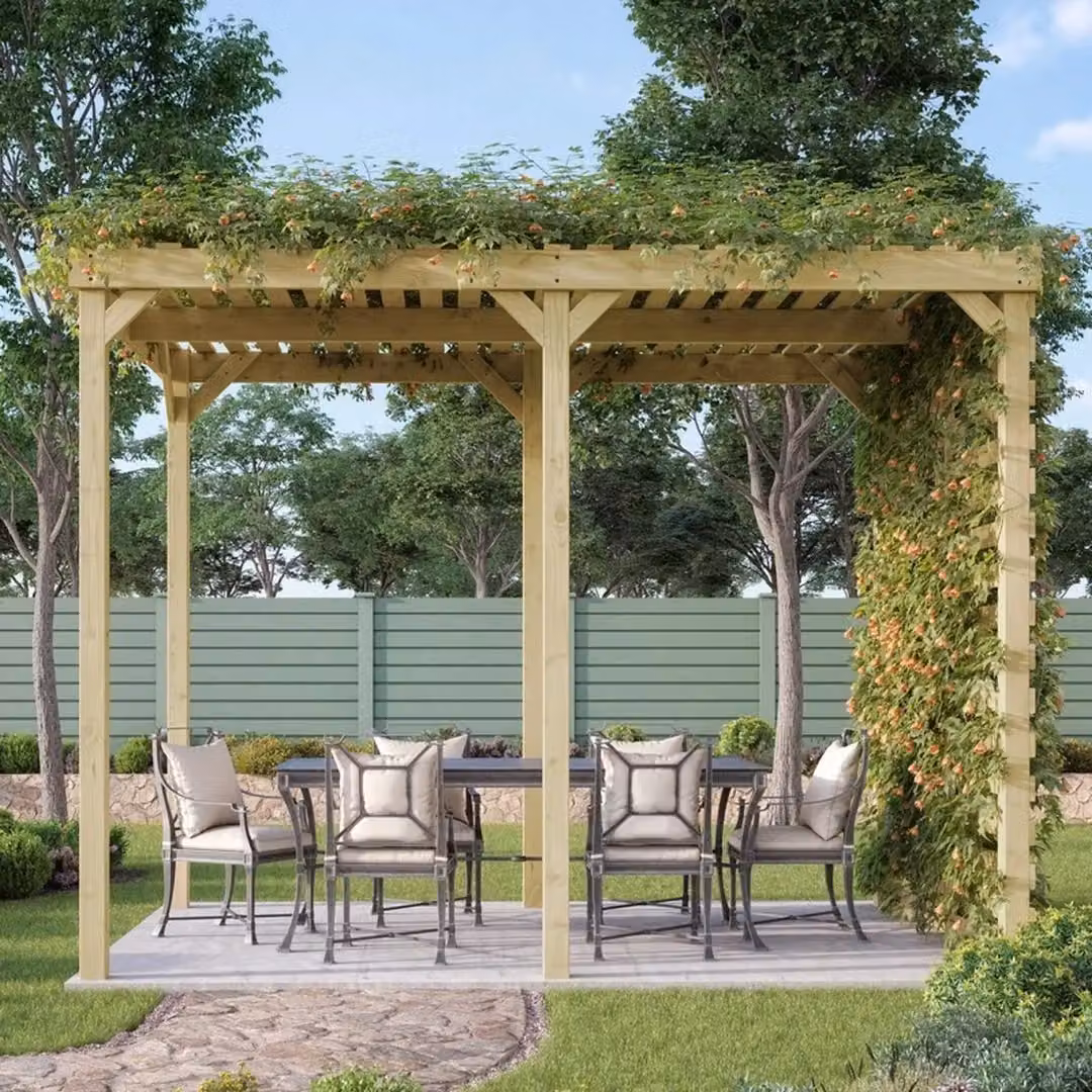 Rutland County Garden Furniture Ltd Shade Pergola in Wood, Rustic Brown and Light Green, W: 420 cm, D: 420 cm, H: 270 cm – 1