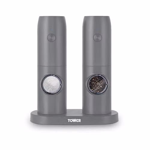 Tower Rechargeable Electric Salt and Pepper Mills with Adjustable Ceramic Grinders in Grey Stainless Steel