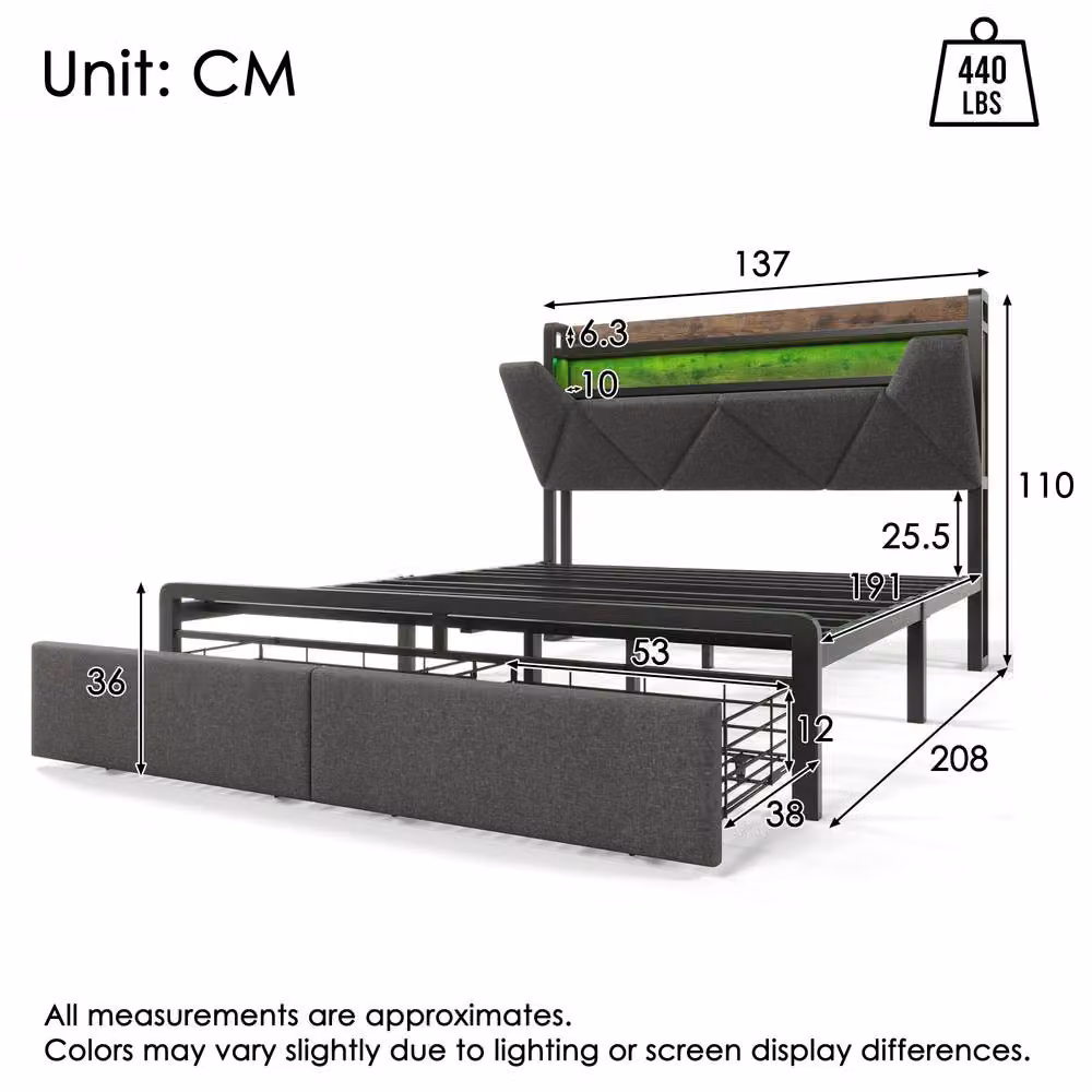 Rolipo Grey Linen Double Bed Frame with LED Lighting, USB Charging Ports and Drawers, W/D/H: 140 x 200 cm – 2