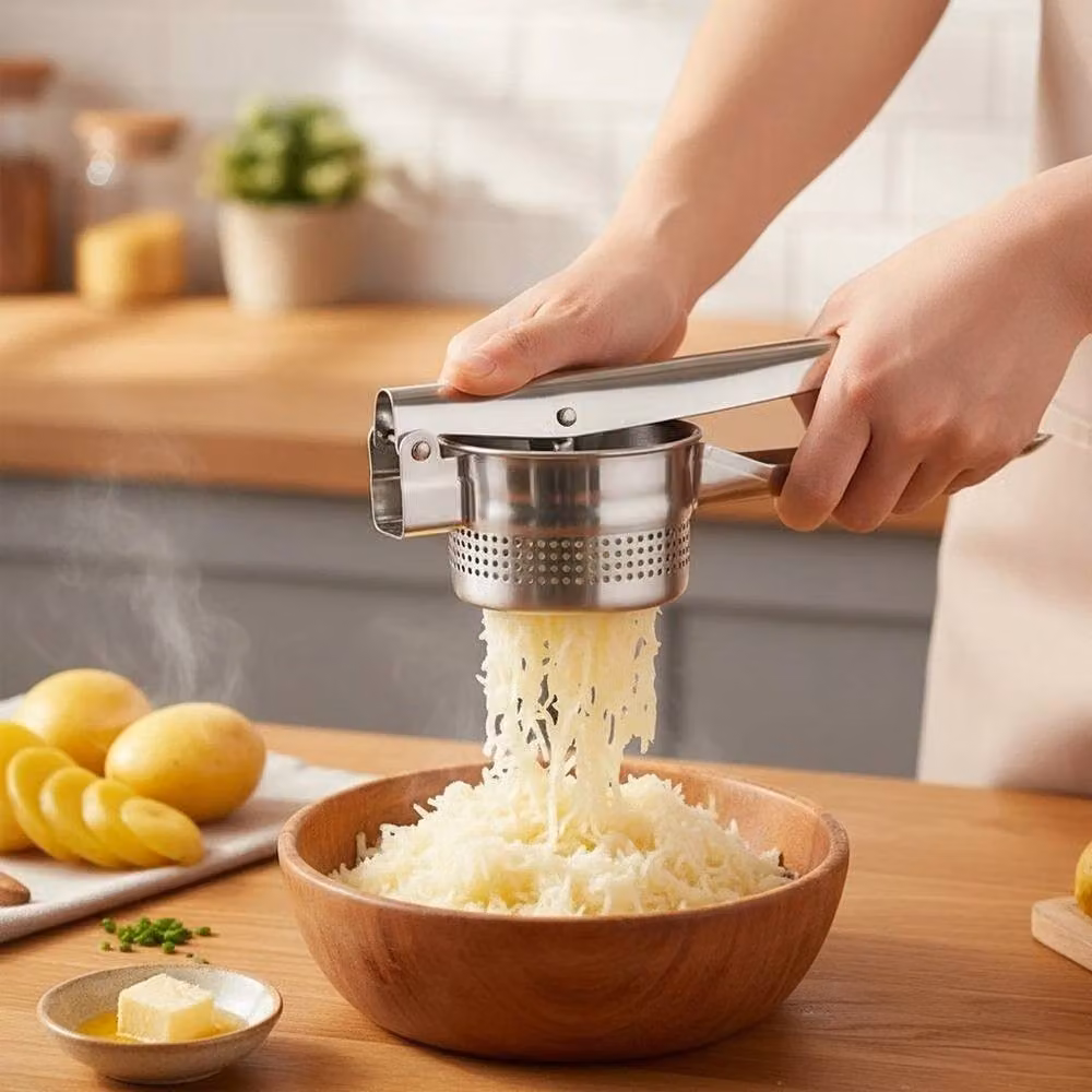 VOGREX Stainless Steel Potato Ricer and Fruit Press Masher in Silver with Ergonomic Grip – 2