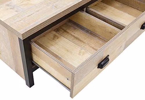 GFW Boston Industrial Coffee Table with 2 Drawers, Oak and Black Rectangular Design, W: 87.0 cm, D: 48.0 cm, H: 35.5 cm – 4