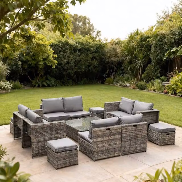 FURNITURE ONE 14 Piece Grey PE Rattan Garden Sofa Set for 12 Adults with Upholstered Cushions and Coffee Table