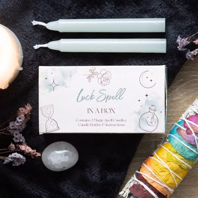 Uniqueful Magic Luck Spell in a Box Green Pillar and Taper Candle Set
