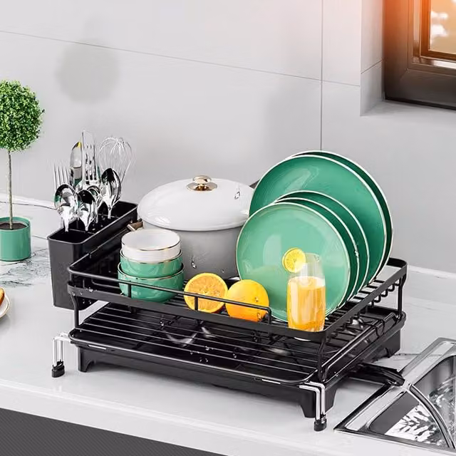 Living and Home Expandable Metal Dish Drainer Rack with Cutlery Holder, Black – 1