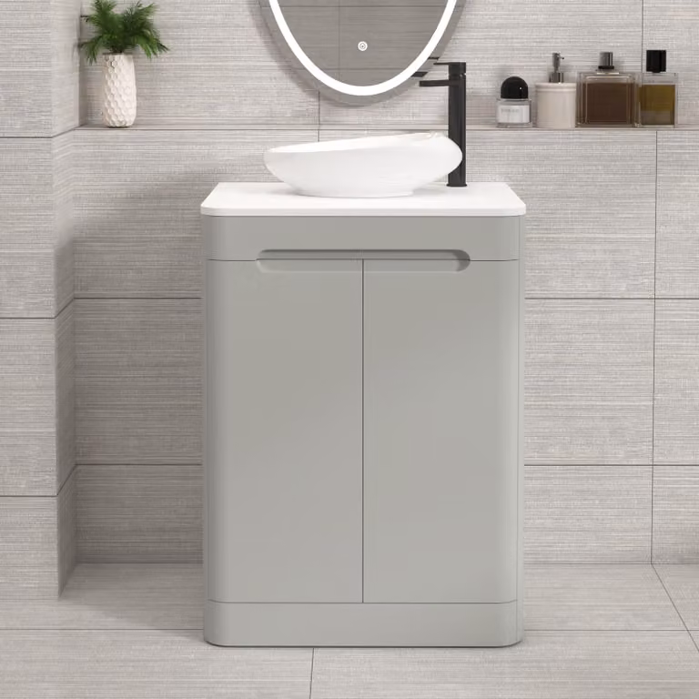 Royal Bathrooms Venice 600mm Floor Standing 2 Door Vanity Unit in Dove Grey with Plain White Worktop and Nova Basin
