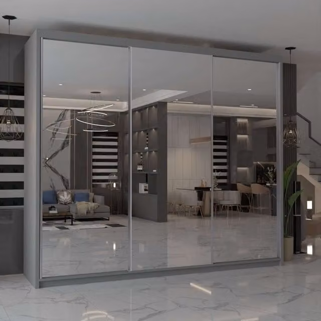 MN Furniture Cuba Modern Sliding Mirror Wardrobe with LED Lighting and Integrated Drawers in Grey, W: 250 cm, H: 217 cm – 1