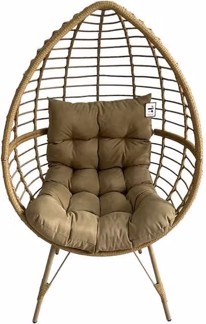FURNITURE ONE Rattan Standing Egg Chair with Removable Water-Resistant Cushions and Metal Frame in Light Brown