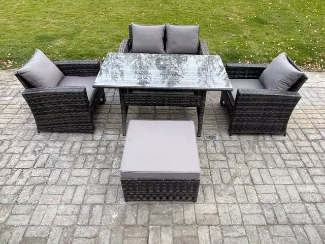 Fimous Dark Grey Rattan Outdoor Garden Furniture Set with Rectangular Glass Top Dining Table and Lounge Sofa