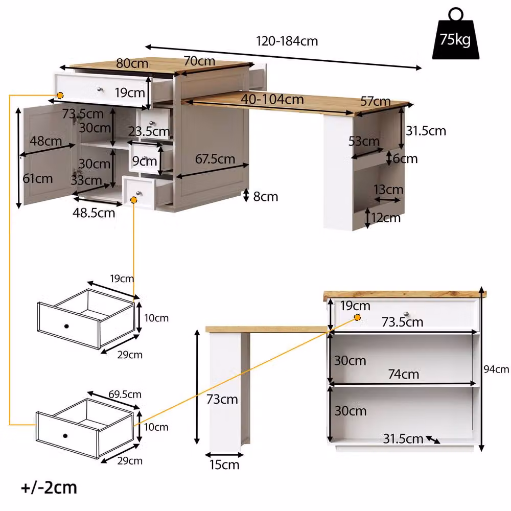 BTM Extendable Kitchen Island with Drawers and Rolling Storage Cart in White – 4