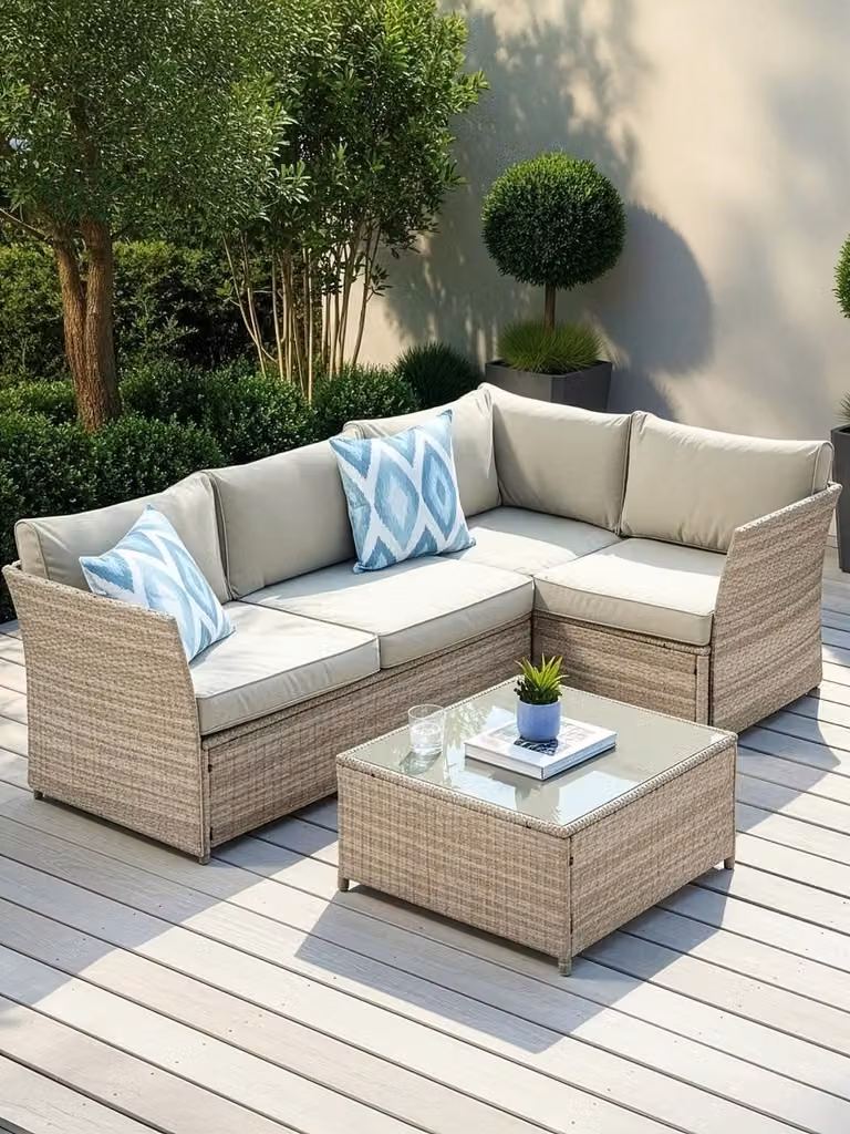 Cheap Furniture Warehouse Calgary Beige Polyrattan L-Shape Corner Sofa Set with Outdoor Coffee Table and Cushions