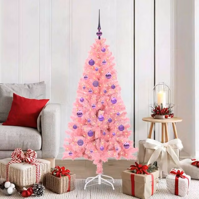 Berkfield Home Pink PVC Christmas Tree with 150 LEDs and Stand, Height: 150 cm – 1